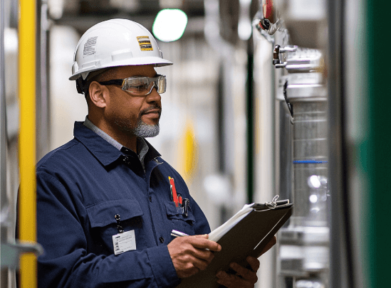 A worker taking note of the equipment