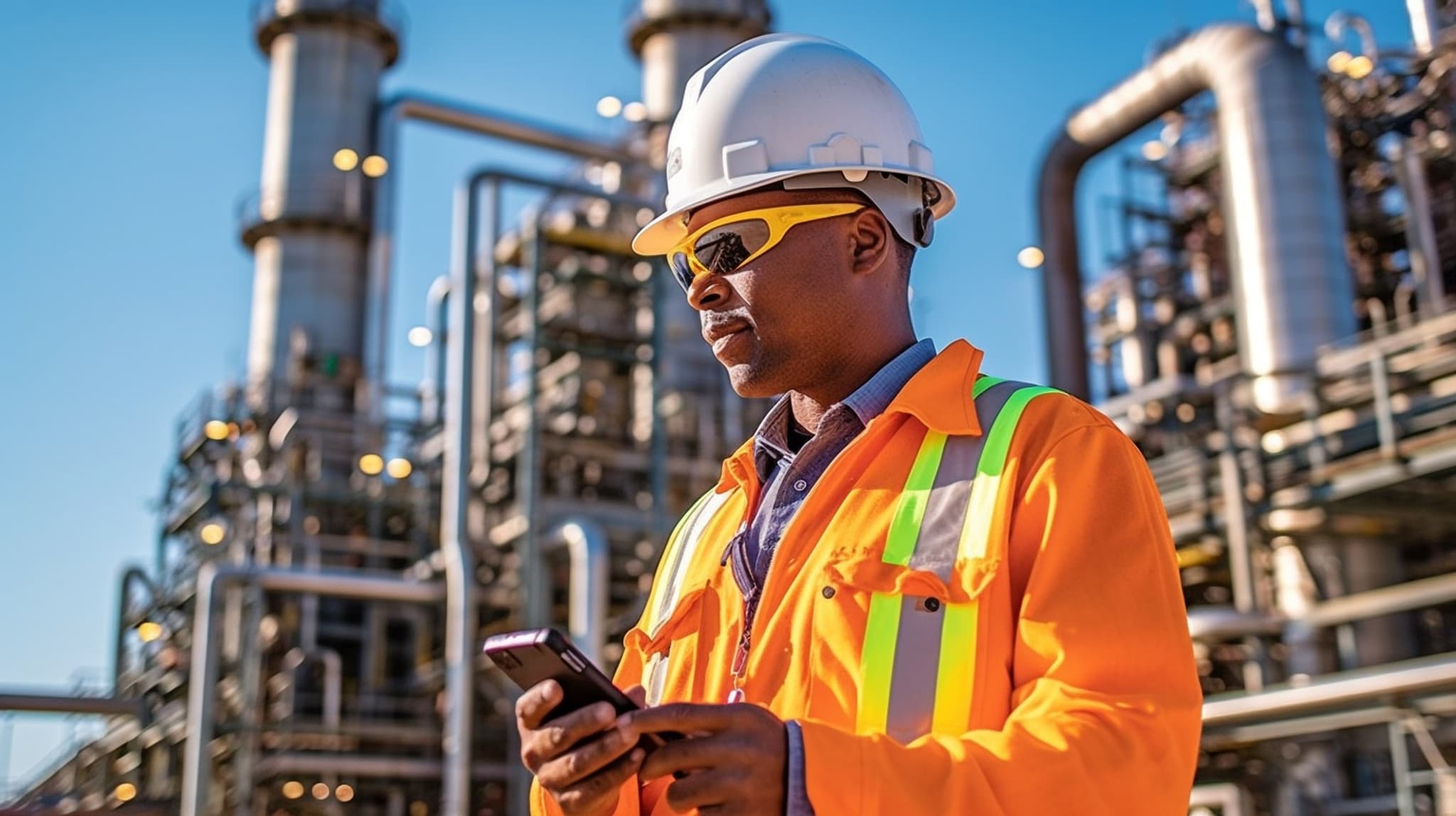 A worker wearing a protective glass