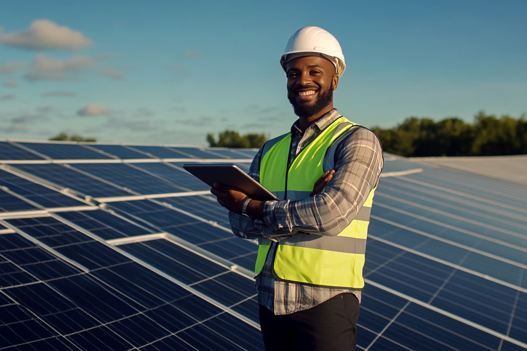 A worked working on a solar panel and he is holding onto his tab