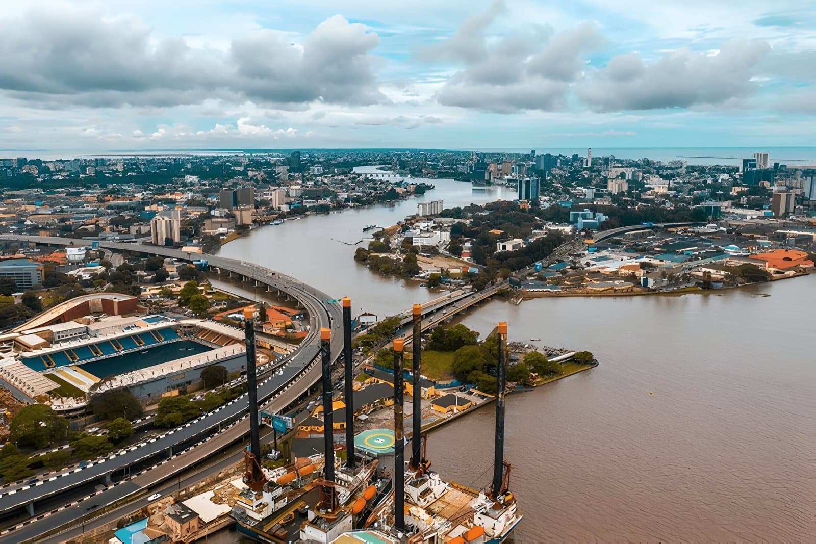 A big city with a large water body