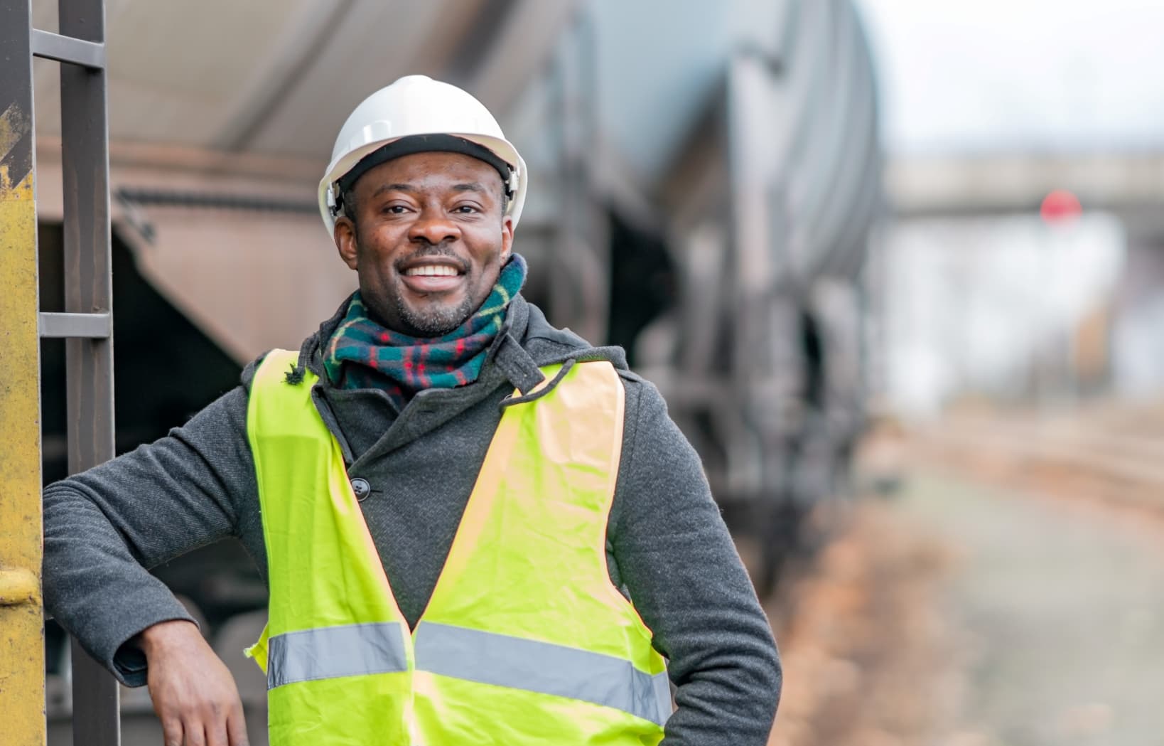 A worker smiling